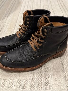 Men's Black Leather Moc Toe Boots with Brown Accents